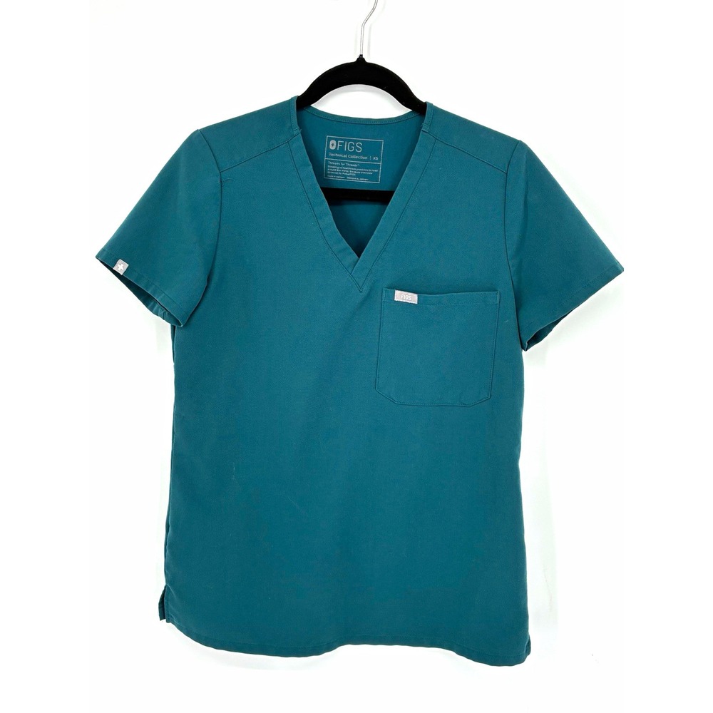 FIGS Technical Collection Catarina Scrub Top XS Teal Solid V-Neck FW1000